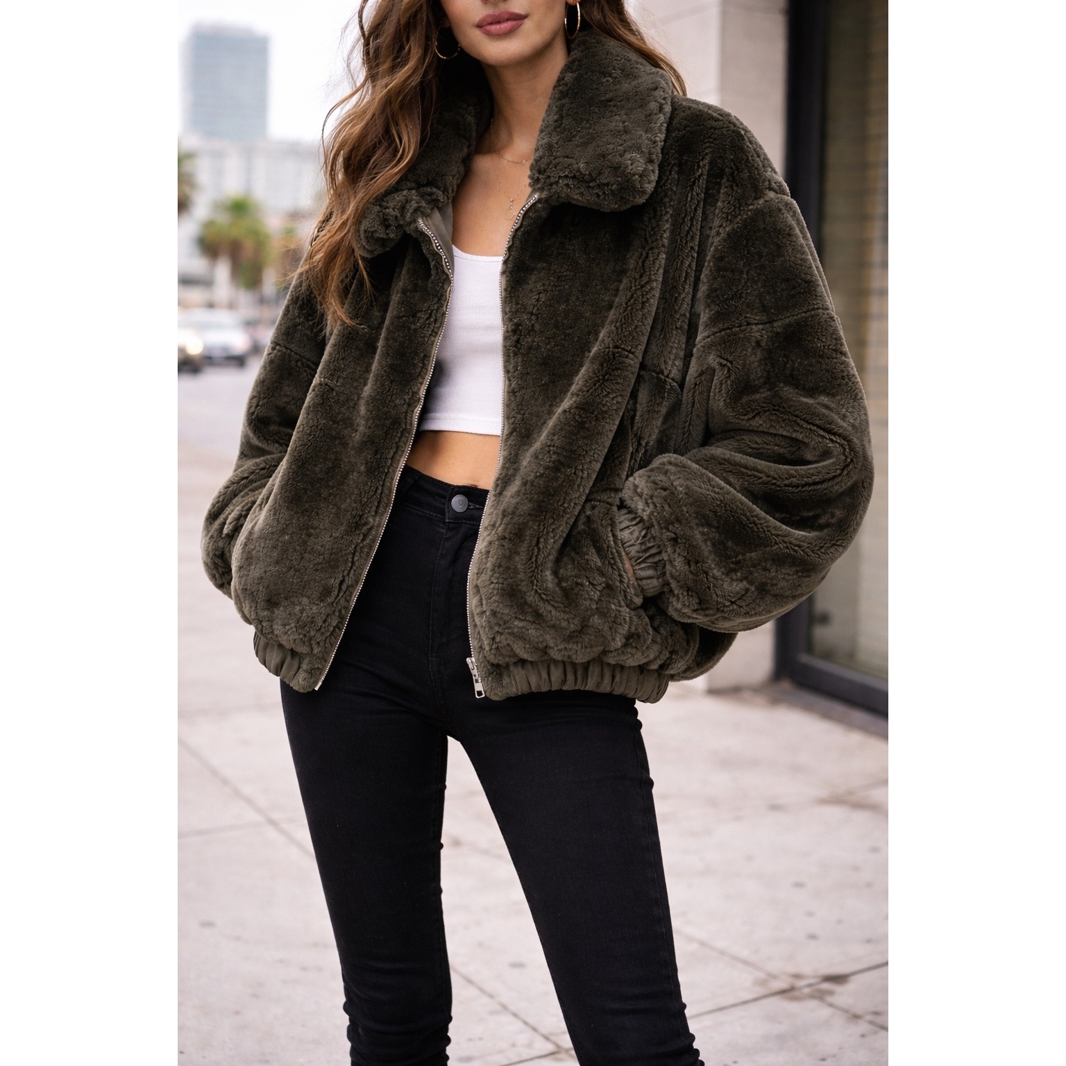 Reversible Faux Fur Bomber Jacket Charcoal Gray Olive Green Oversized Xl L